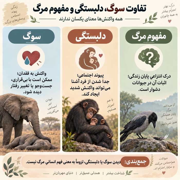 حیواناتی که از زمان مرگ خود خبر دارند؛ رفتار جانوران نزدیک مرگ؛ تفاوت شواهد علمی با باورهای رایج تفاوت سوگ، دلبستگی و مفهوم مرگ