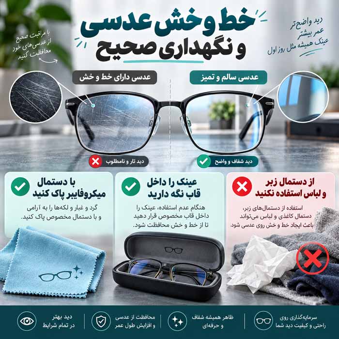 مشخصه های یک عینک آفتابی مناسب؛ محافظت در برابر UV و کاهش خیرگی؛ انتخاب عدسی و فریم مناسب خط و خش عدسی و نگهداری صحیح
