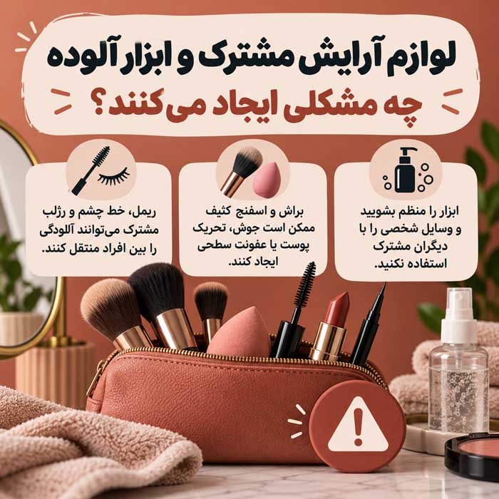 آیا آرایش صورت برای دختران ضرر دارد؟؛ جوش و حساسیت پوستی؛ اصول استفاده ایمن و بهداشتی لوازم آرایش مشترک و ابزار آلوده چه مشکلی ایجاد میکنند؟