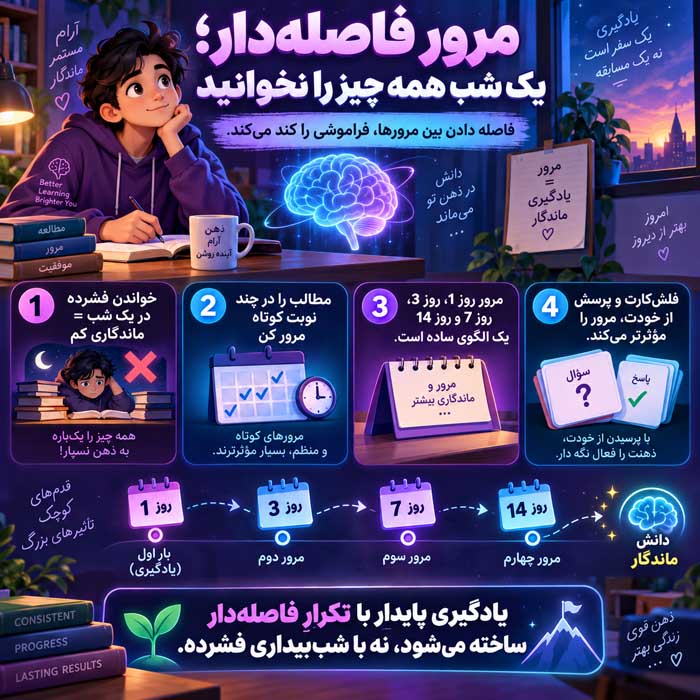 چگونه بهتر مطالعه کنیم؟؛ روشهای علمی یادگیری و مرور؛ افزایش تمرکز و یادآوری بلندمدت مرور فاصلهدار؛ یک شب همه چیز را نخوانید