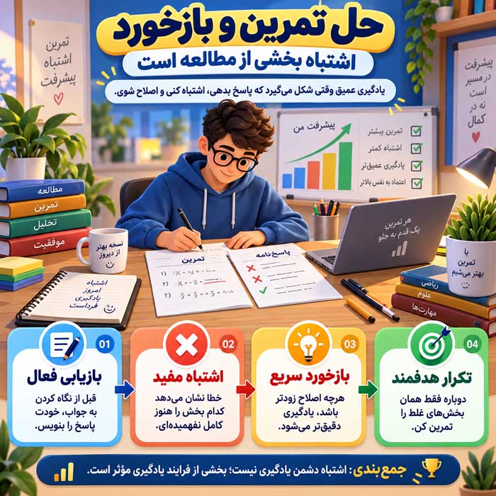 چگونه بهتر مطالعه کنیم؟؛ روشهای علمی یادگیری و مرور؛ افزایش تمرکز و یادآوری بلندمدت حل تمرین و بازخورد؛ اشتباه بخشی از مطالعه است