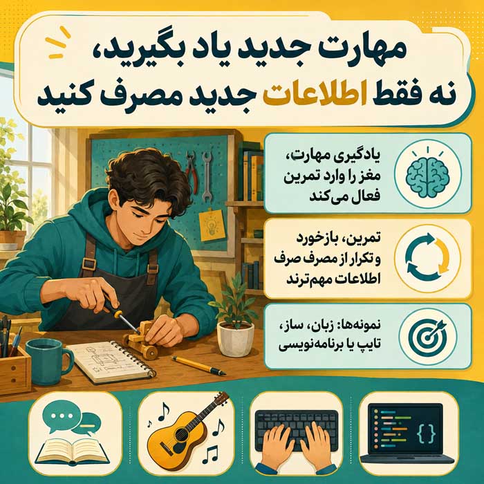 ۳. مهارت جدید یاد بگیرید، نه فقط اطلاعات جدید مصرف کنید