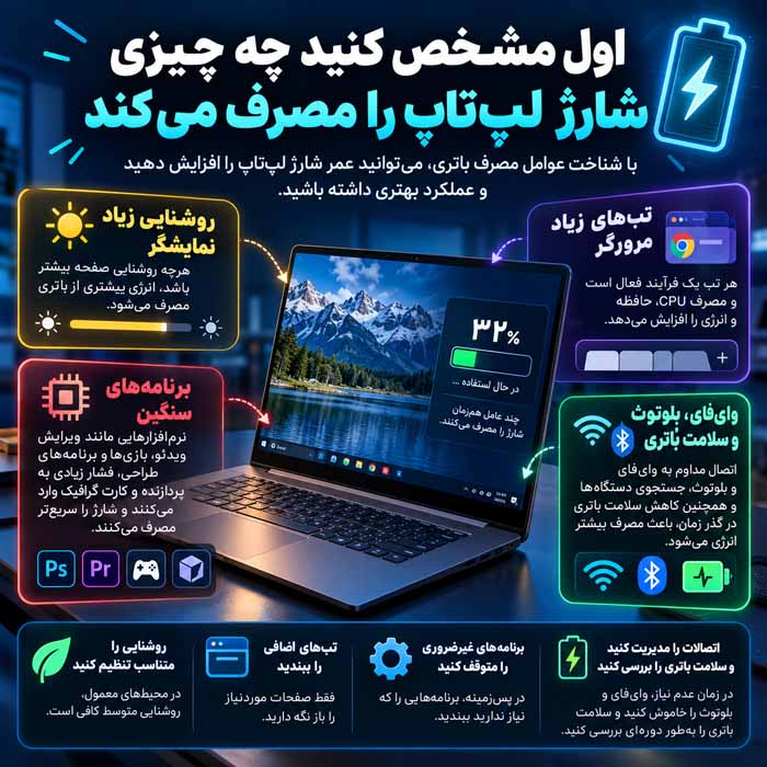 اول مشخص کنید چه چیزی شارژ لپ‌تاپ را مصرف می‌کند