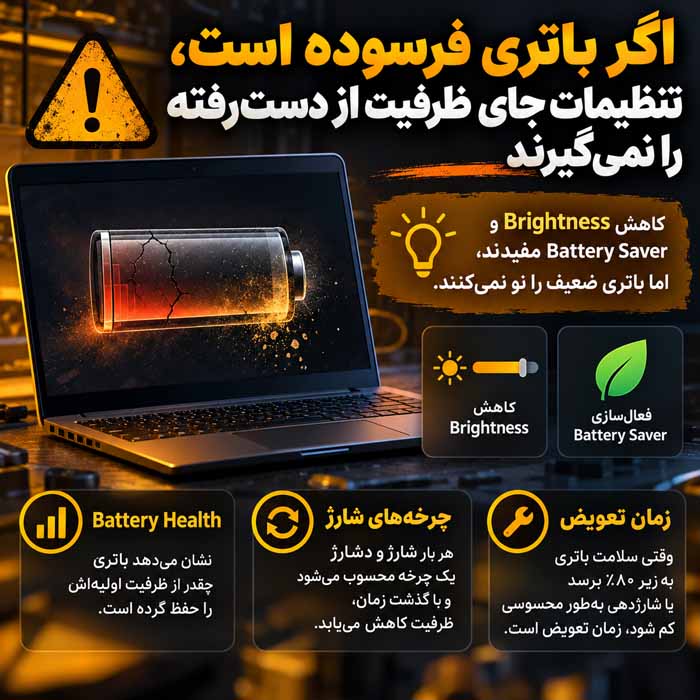اگر باتری فرسوده است، تنظیمات جای ظرفیت از دست‌رفته را نمی‌گیرند