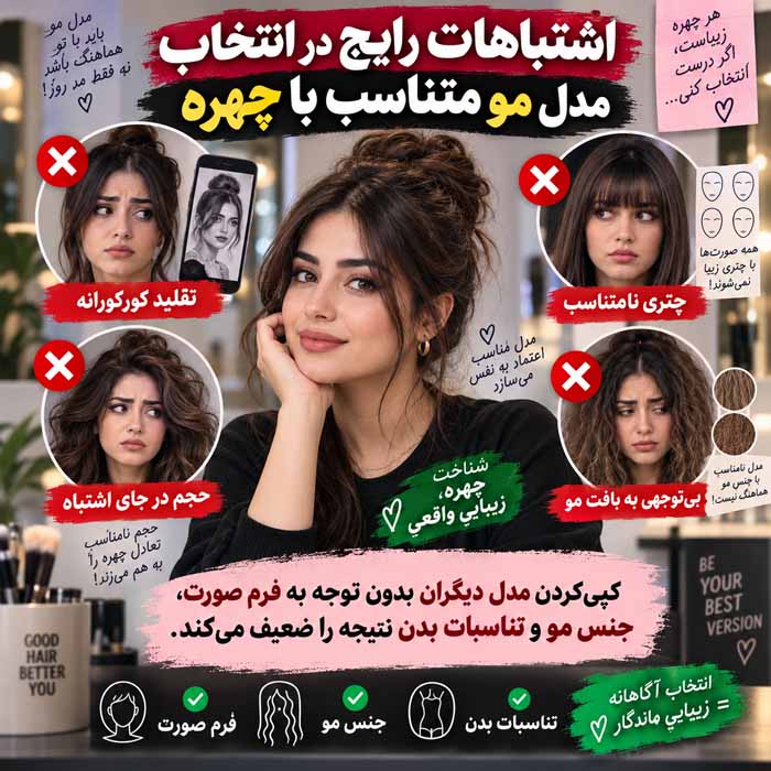 نحوه انتخاب بهترین مدل موی متناسب با چهره؛ راهنمای کامل فرم صورت و جنس مو اشتباهات رایج در انتخاب مدل مو متناسب با چهره