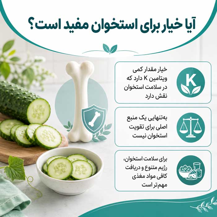 آشنایی خواص بسیار مفید خیار؛ ارزش غذایی و آب فراوان؛ فواید احتمالی و باورهای اغراقآمیز ۸. آیا خیار برای استخوان مفید است؟