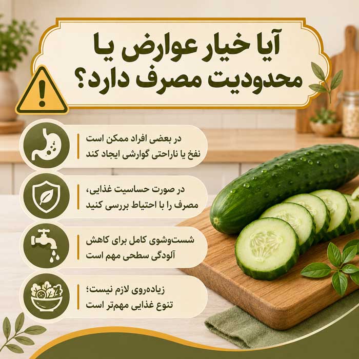 آشنایی خواص بسیار مفید خیار؛ ارزش غذایی و آب فراوان؛ فواید احتمالی و باورهای اغراقآمیز آیا خیار عوارض یا محدودیت مصرف دارد؟