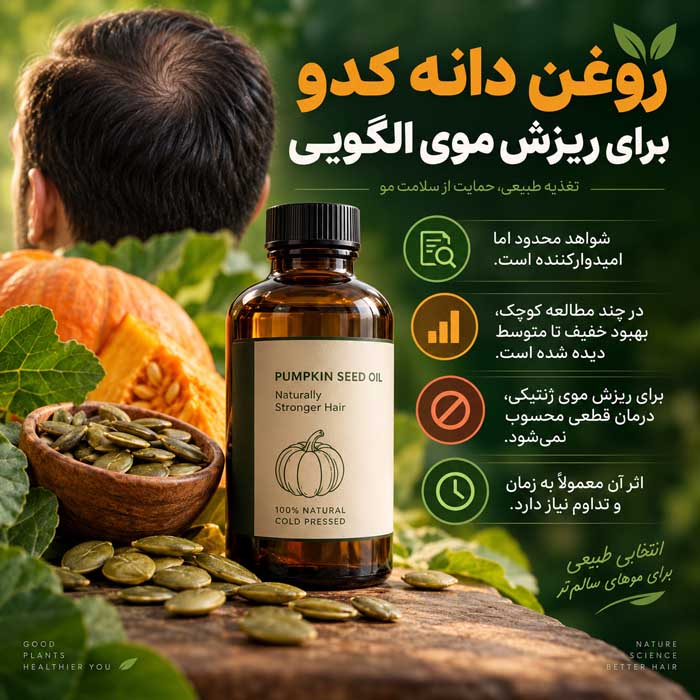 گیاهان مؤثر برای ریزش مو؛ کدام ترکیبات گیاهی شواهد انسانی دارند؟؛ مزایا و محدودیتها روغن دانه کدو برای ریزش موی الگویی