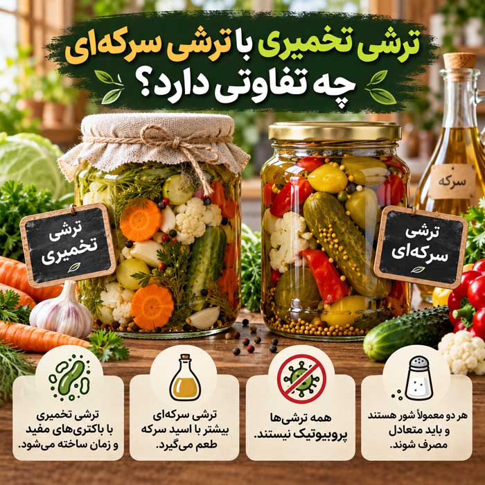 آیا ترشی خاصیت هم دارد؟؛ تفاوت ترشی تخمیری و سرکهای؛ نقش نمک، سبزیجات و باکتریهای زنده ترشی تخمیری با ترشی سرکهای چه تفاوتی دارد؟
