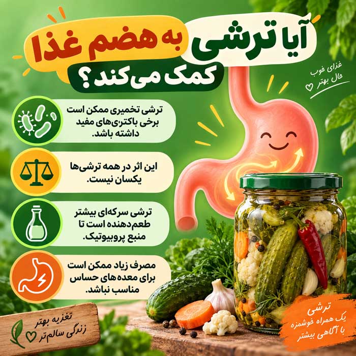 آیا ترشی خاصیت هم دارد؟؛ تفاوت ترشی تخمیری و سرکهای؛ نقش نمک، سبزیجات و باکتریهای زنده آیا ترشی به هضم غذا کمک میکند؟