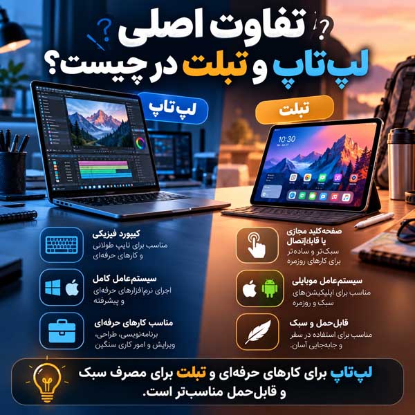 لپتاپ بهتر است یا تبلت؟ مقایسه کامل برای درس، کار، طراحی و استفاده روزمره تفاوت اصلی لپتاپ و تبلت در چیست؟