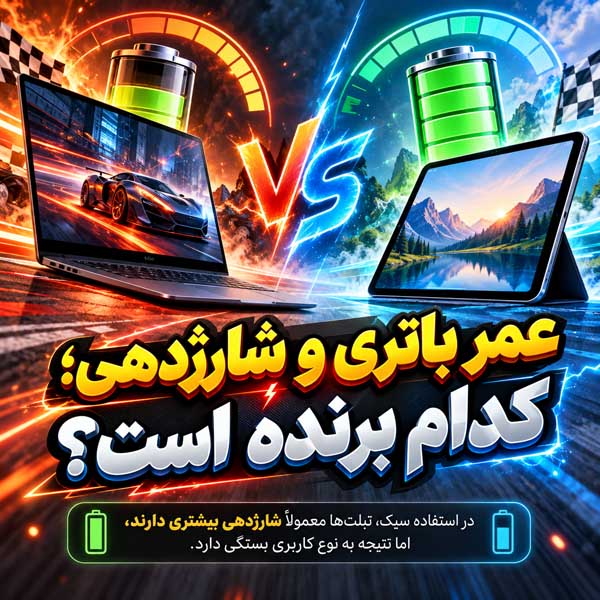 لپتاپ بهتر است یا تبلت؟ مقایسه کامل برای درس، کار، طراحی و استفاده روزمره عمر باتری و شارژدهی؛ کدام برنده است؟
