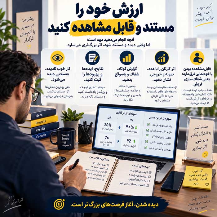 چگونه تبدیل به یک کارمند محبوب برای رئیس شویم؟؛ ۱۸ رفتار حرفهای برای ساخت اعتبار؛ بدون چاپلوسی و اضافهکاری نمایشی ۱۸. ارزش خود را مستند و قابل مشاهده کنید