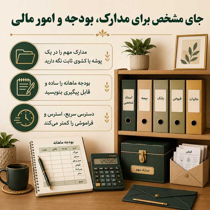 ۸. جای مشخص برای مدارک، بودجه و امور مالی