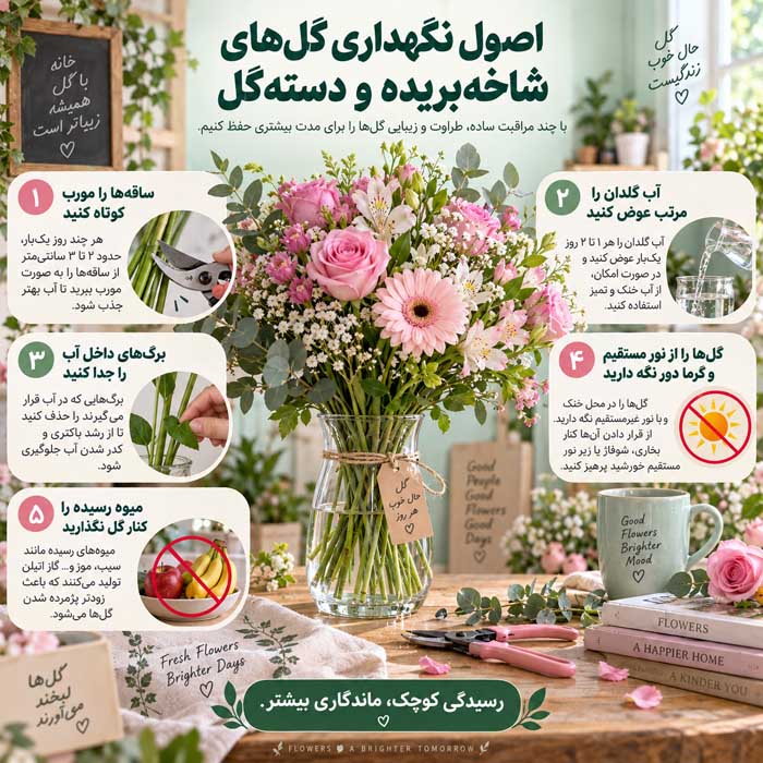 روشهای نگهداری بیشتر از انواع گل؛ نگهداری گل شاخهبریده و گلدانی؛ نکات مراقبت در خانه اصول نگهداری گلهای شاخهبریده و دستهگل
