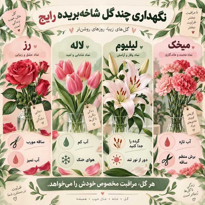 روشهای نگهداری بیشتر از انواع گل؛ نگهداری گل شاخهبریده و گلدانی؛ نکات مراقبت در خانه نگهداری چند گل شاخهبریده رایج؛ رز، لاله، لیلیوم و میخک