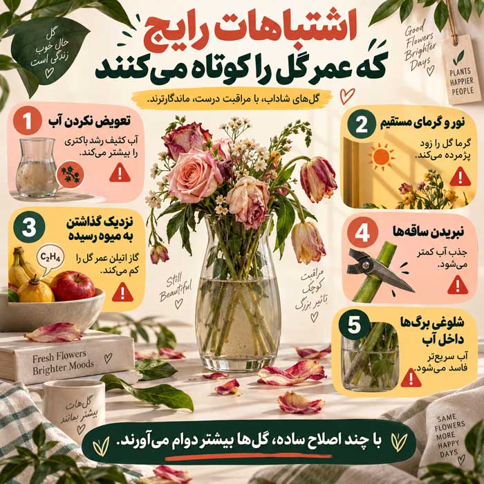 روشهای نگهداری بیشتر از انواع گل؛ نگهداری گل شاخهبریده و گلدانی؛ نکات مراقبت در خانه اشتباهات رایج که عمر گل را کوتاه میکنند