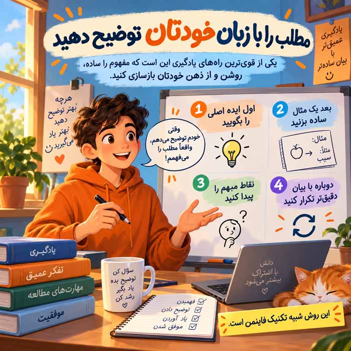 روشهای علمی برای یادگیری سریعتر و بهتر؛ تکنیکهای مؤثر مطالعه و حافظه روش چهارم: مطلب را با زبان خودتان توضیح دهید