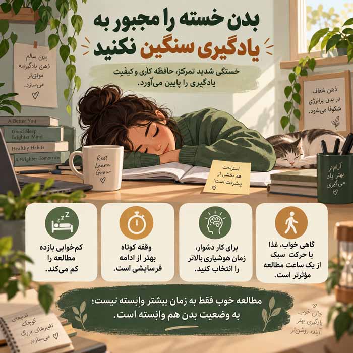روشهای علمی برای یادگیری سریعتر و بهتر؛ تکنیکهای مؤثر مطالعه و حافظه روش هشتم: بدن خسته را مجبور به یادگیری سنگین نکنید