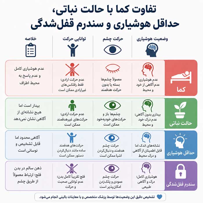 تفاوت کما با حالت نباتی، حداقل هوشیاری و سندرم قفل‌شدگی