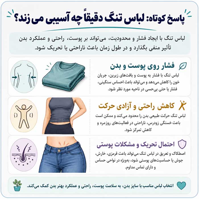 پوشیدن لباس های تنگ چه مشکلاتی برای سلامت ایجاد می کند؟؛ فشار بر پوست و اعصاب پاسخ کوتاه: لباس تنگ دقیقاً چه آسیبی میزند؟