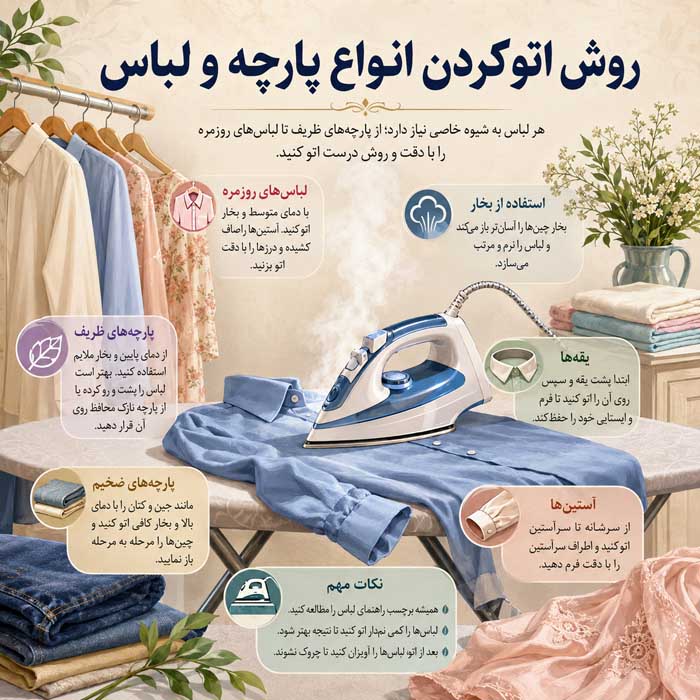 روشهای اتو کردن لباس با جنسهای مختلف؛ دمای مناسب، بخار و جلوگیری از سوختگی روش اتو کردن انواع پارچه و لباس