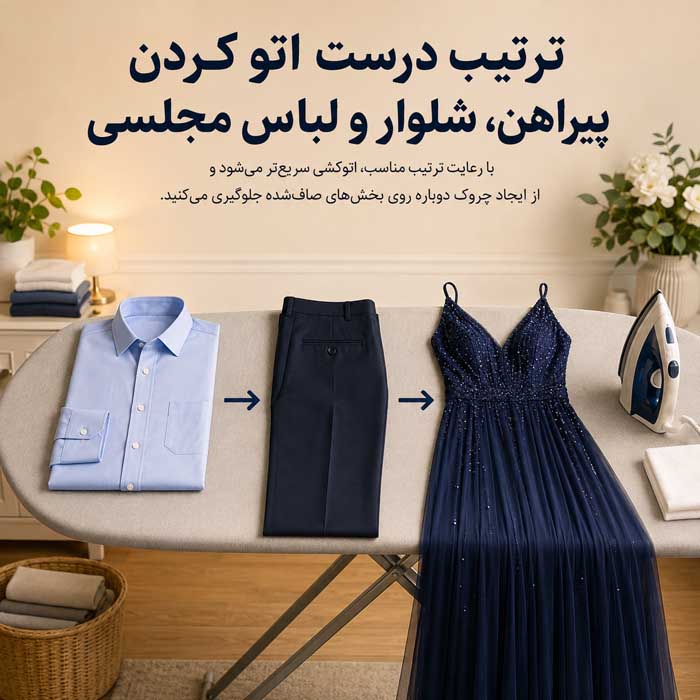 روشهای اتو کردن لباس با جنسهای مختلف؛ دمای مناسب، بخار و جلوگیری از سوختگی ترتیب درست اتو کردن پیراهن، شلوار و لباس مجلسی
