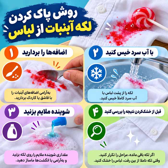 پاک کردن لکه شکلات و آبنبات از روی لباس و فرش؛ روشهای سریع و کمخطر برای لکه تازه و خشکشده روش پاک کردن لکه آبنبات از لباس