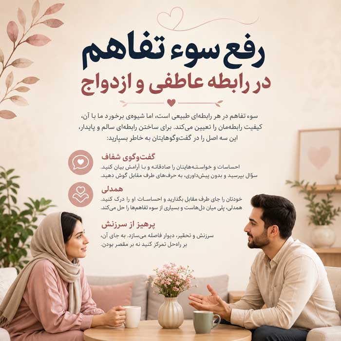 رفع سوء تفاهم در روابط؛ گفتوگوی آرام و شفافسازی برداشتها؛ جلوگیری از تشدید دلخوری رفع سوء تفاهم در رابطه عاطفی و ازدواج