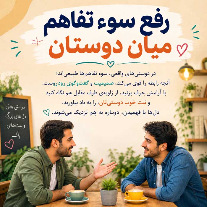 رفع سوء تفاهم در روابط؛ گفتوگوی آرام و شفافسازی برداشتها؛ جلوگیری از تشدید دلخوری رفع سوء تفاهم میان دوستان