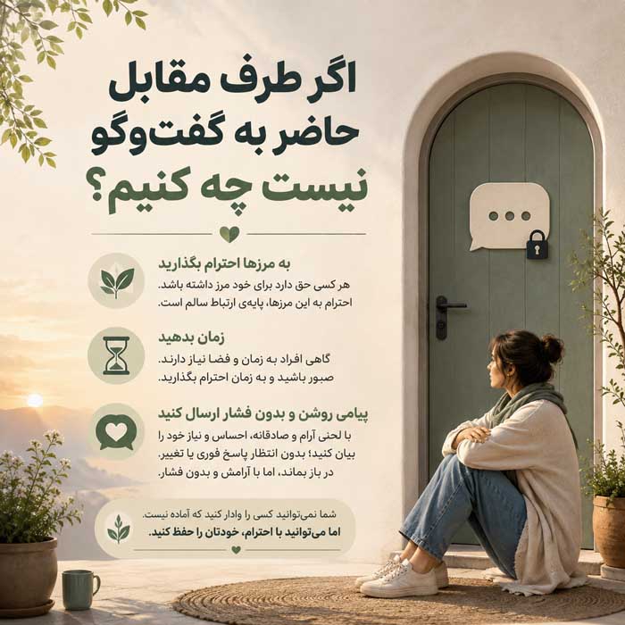 رفع سوء تفاهم در روابط؛ گفتوگوی آرام و شفافسازی برداشتها؛ جلوگیری از تشدید دلخوری اگر طرف مقابل حاضر به گفتوگو نیست چه کنیم؟