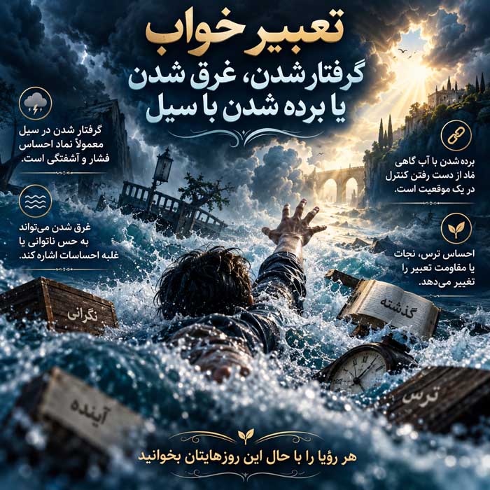 تعبیر خواب سیل؛ معنی آبگرفتگی خانه و آب گلآلود؛ فرار یا گرفتار شدن در سیلاب تعبیر خواب گرفتار شدن، غرق شدن یا برده شدن با سیل