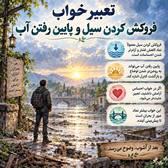 تعبیر خواب سیل؛ معنی آبگرفتگی خانه و آب گلآلود؛ فرار یا گرفتار شدن در سیلاب تعبیر خواب فروکش کردن سیل و پایین رفتن آب