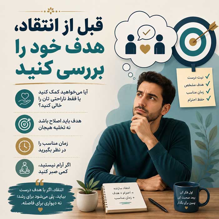 روش صحیح انتقاد کردن؛ تمرکز بر رفتار بهجای شخصیت؛ چگونه بدون تحقیر بازخورد بدهیم؟ قبل از انتقاد، هدف خود را بررسی کنید