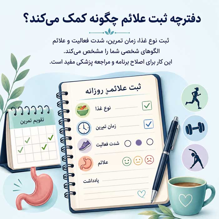 آیا ورزش باعث ایجاد مشکلات گوارشی میشود؟؛ علت تهوع، رفلاکس و دلپیچه؛ راههای کاهش علائم حین تمرین دفترچه ثبت علائم چگونه کمک میکند؟