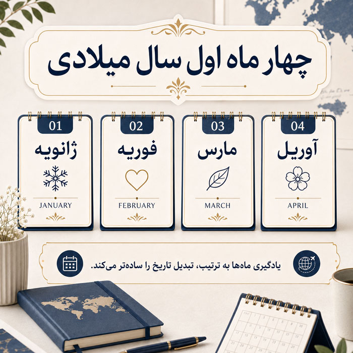 ماه های میلادی به ترتیب + معادل شمسی ماه های میلادی چهار ماه اول