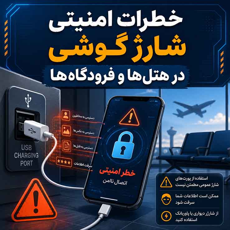 خطرات امنیتی شارژ گوشی در هتلها و فرودگاهها – راهنمای جامع و کامل برای حفظ امنیت در سفر (۲۰۲۶) هشدارهای مقامات رسمی – جوس جکینگ چقدر جدی است؟