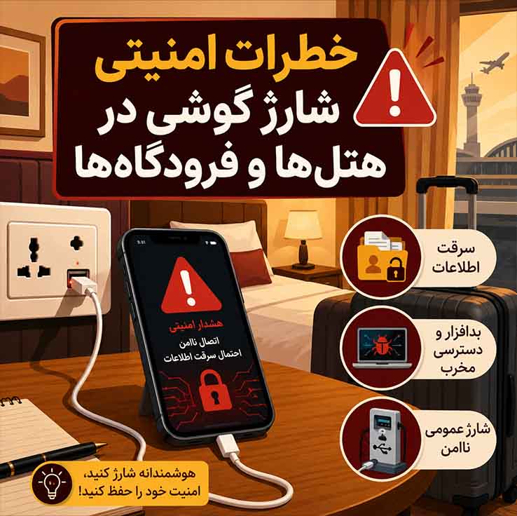 خطرات امنیتی شارژ گوشی در هتلها و فرودگاهها – راهنمای جامع و کامل برای حفظ امنیت در سفر (۲۰۲۶) راهکارهای جامع و عملی برای پیشگیری