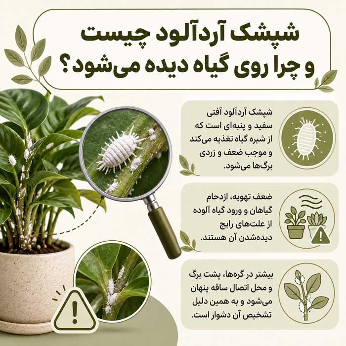 شپشک آردآلود چیست؟؛ نشانههای آلودگی روی برگ و ریشه؛ روشهای کنترل در گیاهان آپارتمانی شپشک آردآلود چیست و چرا روی گیاه دیده میشود؟