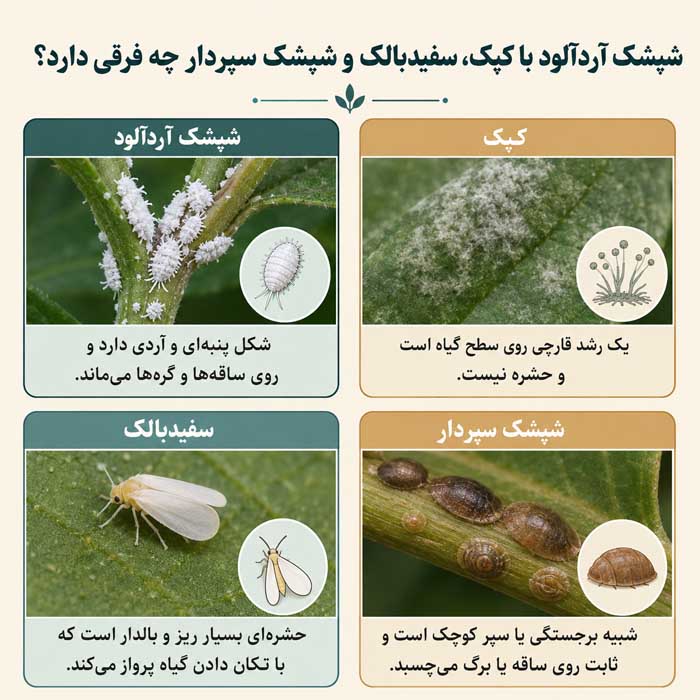 شپشک آردآلود چیست؟؛ نشانههای آلودگی روی برگ و ریشه؛ روشهای کنترل در گیاهان آپارتمانی شپشک آردآلود با کپک، سفیدبالک و شپشک سپردار چه فرقی دارد؟