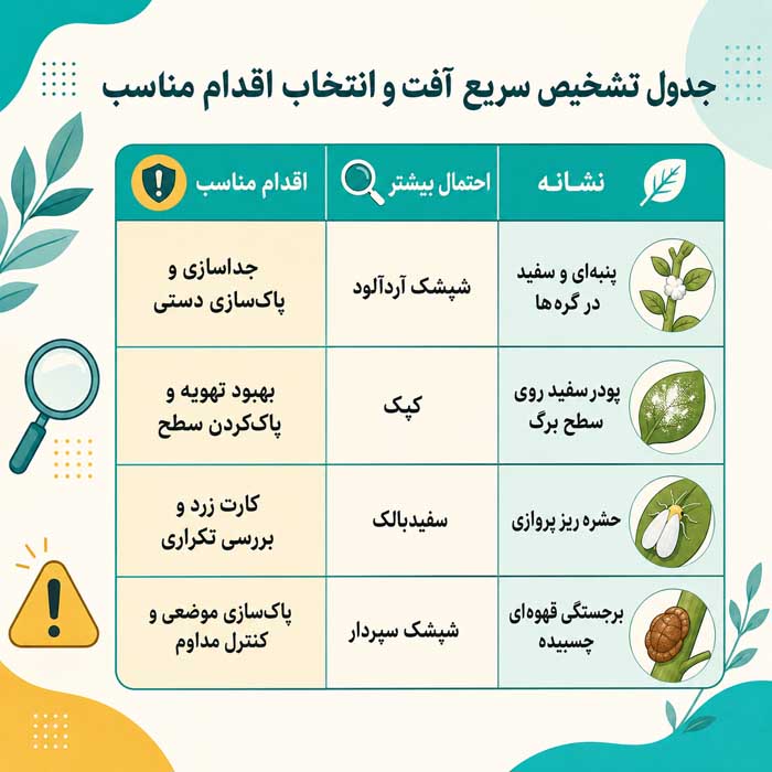 شپشک آردآلود چیست؟؛ نشانههای آلودگی روی برگ و ریشه؛ روشهای کنترل در گیاهان آپارتمانی جدول تشخیص سریع آفت و انتخاب اقدام مناسب