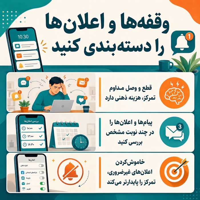 بار ذهنی چیست؟ چرا مغز همیشه درگیر کارهای انجامنشده میماند و چگونه آن را سبک کنیم؟ روش هفتم: وقفهها و اعلانها را دستهبندی کنید