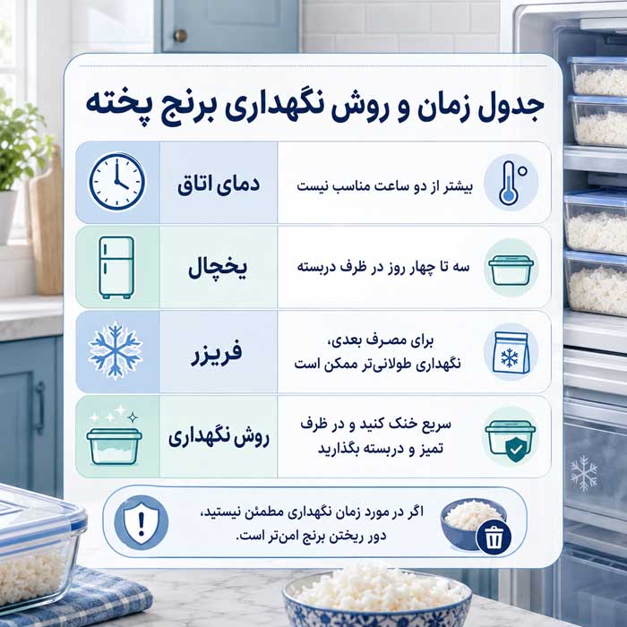 جدول زمان و روش نگهداری برنج پخته