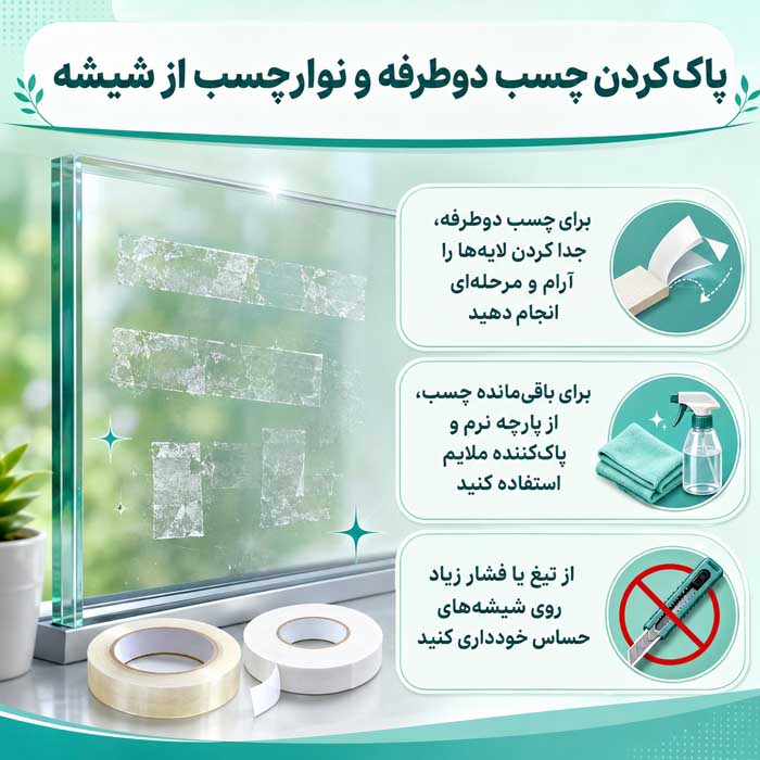 پاک کردن چسب از روی شیشه؛ حذف برچسب و باقیمانده چسب؛ روشهای کمخطر بدون آسیب به سطح پاک کردن چسب دوطرفه و نوارچسب از شیشه