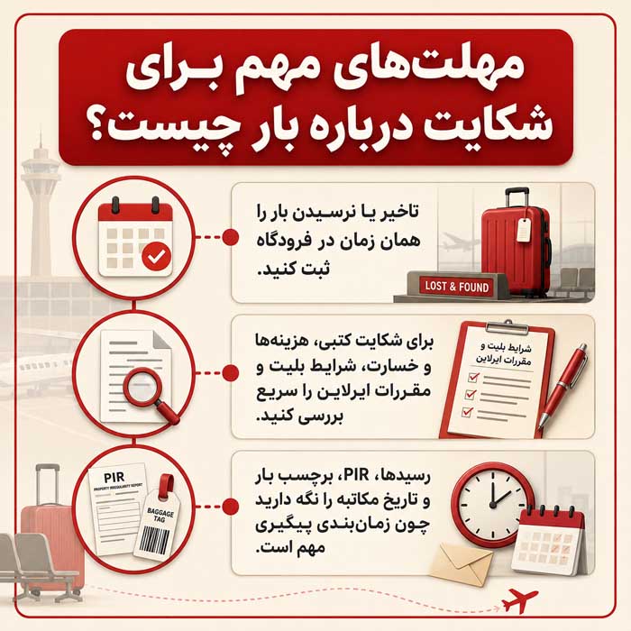 چمدان در فرودگاه گم شد چه کنیم؟؛ ثبت گزارش بار گمشده؛ مراحل پیگیری و درخواست خسارت مهلتهای مهم برای شکایت درباره بار چیست؟