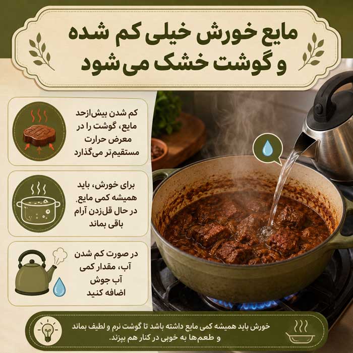 ۶. مایع خورش خیلی کم شده و گوشت خشک می‌شود