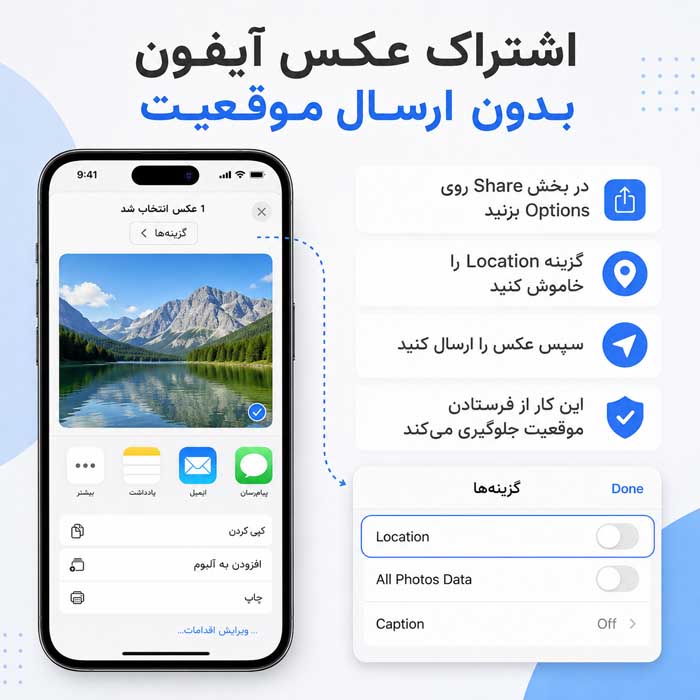 اشتراک عکس آیفون بدون ارسال موقعیت