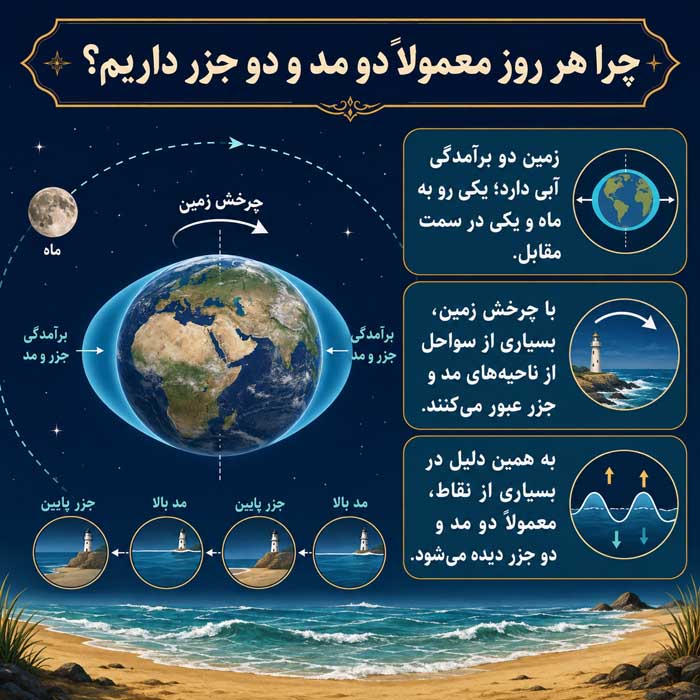 چرا هر روز معمولاً دو مد و دو جزر داریم؟