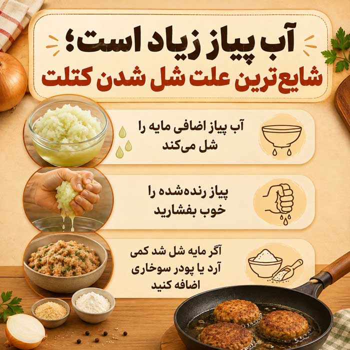 ۱. آب پیاز زیاد است؛ شایع‌ترین علت شل شدن کتلت