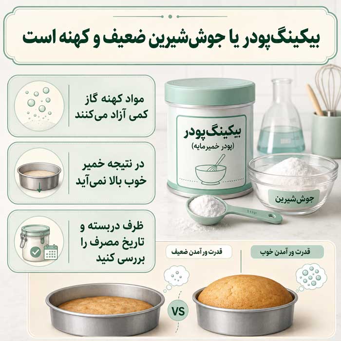 ۱. بیکینگ‌پودر یا جوش‌شیرین ضعیف و کهنه است